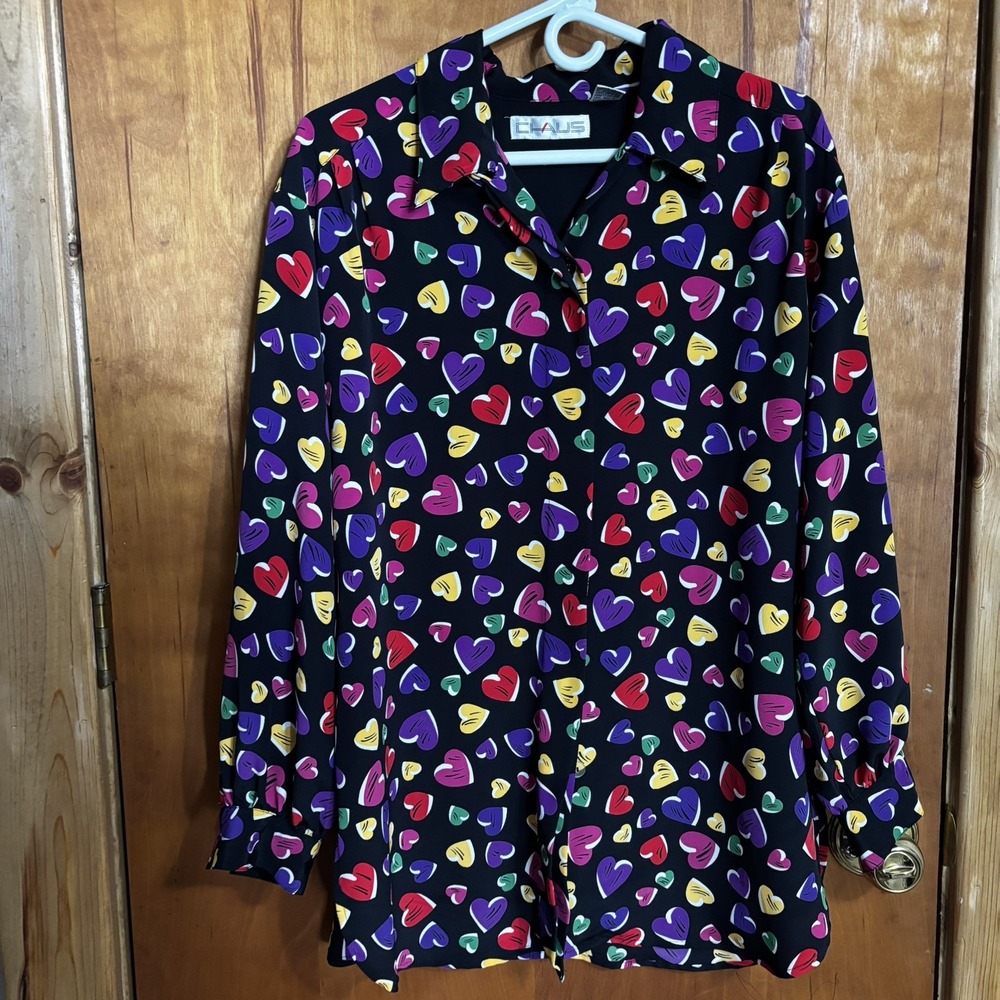Vintage 90's Chaus Black Multicolor Hearts Long Sleeve Tunic Blouse Teacher
